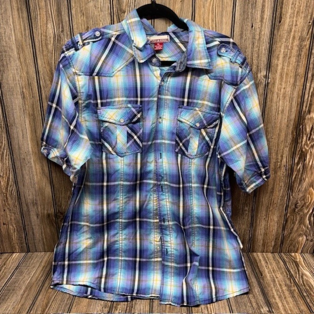 Raw Edge Mens XL Plaid Short Sleeve Button Down Shirt Blue Purple Yellow Cotton